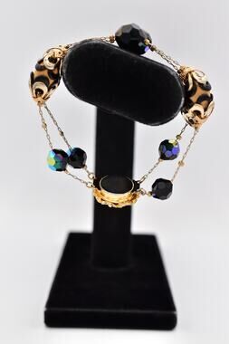 Vintage Gold Tone Black Crystal Beaded Bracelet Aurora AB Faceted 1960s BinBR